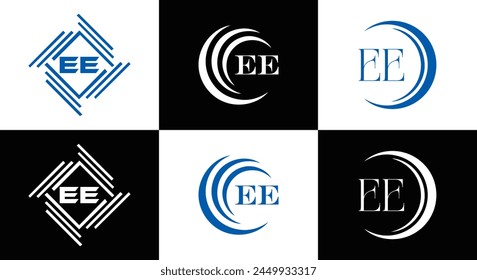 EE logo. E E design. White EE letter. EE, E E letter logo design. Initial letter EE linked circle uppercase monogram logo.