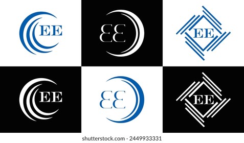 EE logo. E E design. White EE letter. EE, E E letter logo design. Initial letter EE linked circle uppercase monogram logo.