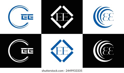 EE logo. E E design. White EE letter. EE, E E letter logo design. Initial letter EE linked circle uppercase monogram logo.