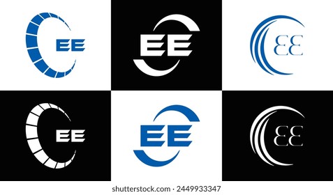 EE logo. E E design. White EE letter. EE, E E letter logo design. Initial letter EE linked circle uppercase monogram logo.