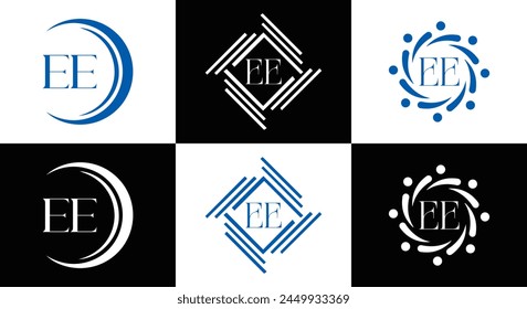 EE logo. E E design. White EE letter. EE, E E letter logo design. Initial letter EE linked circle uppercase monogram logo.