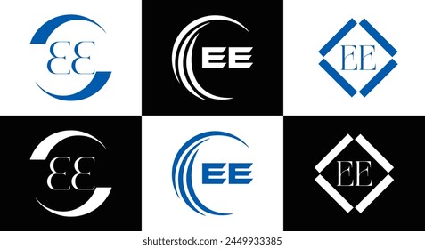 EE logo. E E design. White EE letter. EE, E E letter logo design. Initial letter EE linked circle uppercase monogram logo.