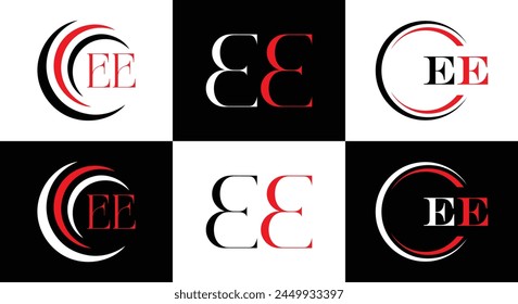 EE logo. E E design. White EE letter. EE, E E letter logo design. Initial letter EE linked circle uppercase monogram logo.