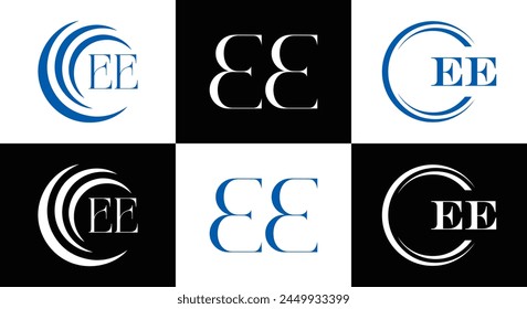 EE logo. E E design. White EE letter. EE, E E letter logo design. Initial letter EE linked circle uppercase monogram logo.