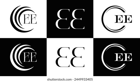 EE logo. E E design. White EE letter. EE, E E letter logo design. Initial letter EE linked circle uppercase monogram logo.