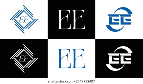 EE logo. E E design. White EE letter. EE, E E letter logo design. Initial letter EE linked circle uppercase monogram logo.