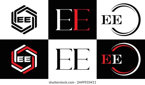 EE logo. E E design. White EE letter. EE, E E letter logo design. Initial letter EE linked circle uppercase monogram logo.