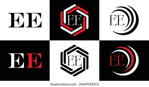 EE logo. E E design. White EE letter. EE, E E letter logo design. Initial letter EE linked circle uppercase monogram logo.