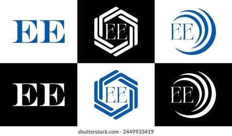 EE logo. E E design. White EE letter. EE, E E letter logo design. Initial letter EE linked circle uppercase monogram logo.