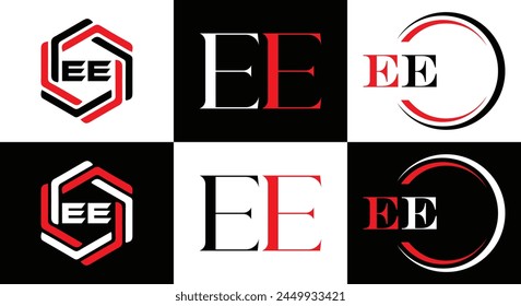 EE logo. E E design. White EE letter. EE, E E letter logo design. Initial letter EE linked circle uppercase monogram logo.