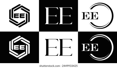 EE logo. E E design. White EE letter. EE, E E letter logo design. Initial letter EE linked circle uppercase monogram logo.