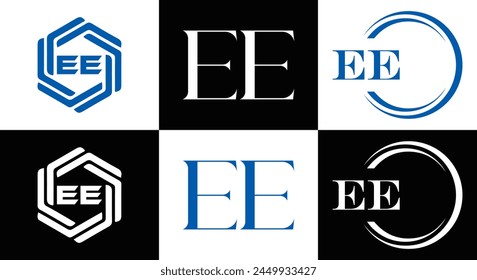 EE logo. E E design. White EE letter. EE, E E letter logo design. Initial letter EE linked circle uppercase monogram logo.