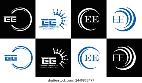 EE logo. E E design. White EE letter. EE, E E letter logo design. Initial letter EE linked circle uppercase monogram logo.