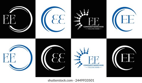 EE logo. E E design. White EE letter. EE, E E letter logo design. Initial letter EE linked circle uppercase monogram logo.