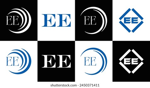 EE logo. E E design. White EE letter. EE, E E letter logo design. Initial letter EE linked circle uppercase monogram logo.