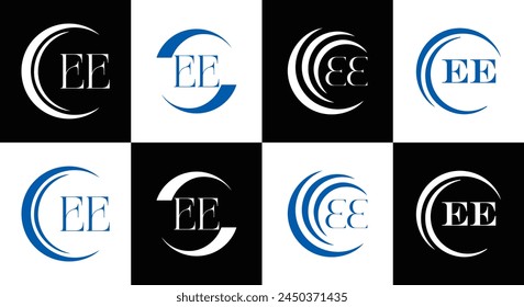 EE logo. E E design. White EE letter. EE, E E letter logo design. Initial letter EE linked circle uppercase monogram logo.