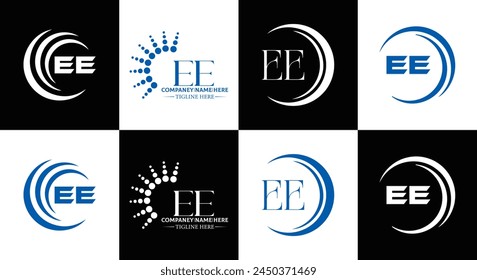 EE logo. E E design. White EE letter. EE, E E letter logo design. Initial letter EE linked circle uppercase monogram logo.