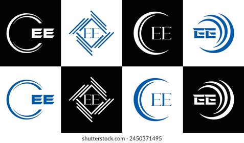 EE logo. E E design. White EE letter. EE, E E letter logo design. Initial letter EE linked circle uppercase monogram logo.