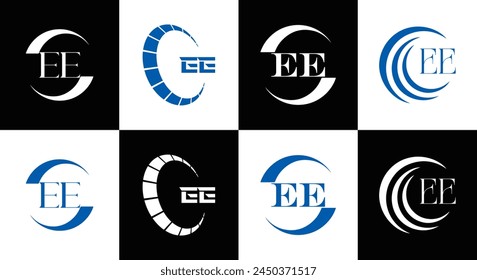 EE logo. E E design. White EE letter. EE, E E letter logo design. Initial letter EE linked circle uppercase monogram logo.