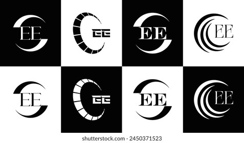 EE logo. E E design. White EE letter. EE, E E letter logo design. Initial letter EE linked circle uppercase monogram logo.