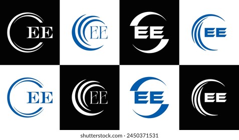 EE logo. E E design. White EE letter. EE, E E letter logo design. Initial letter EE linked circle uppercase monogram logo.