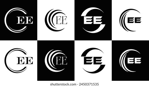 EE logo. E E design. White EE letter. EE, E E letter logo design. Initial letter EE linked circle uppercase monogram logo.