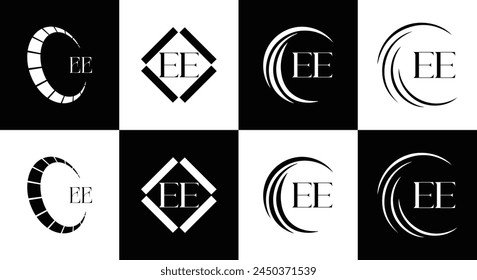 EE logo. E E design. White EE letter. EE, E E letter logo design. Initial letter EE linked circle uppercase monogram logo.