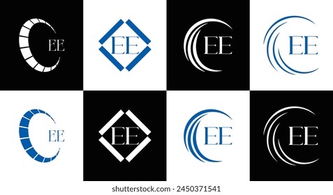 EE logo. E E design. White EE letter. EE, E E letter logo design. Initial letter EE linked circle uppercase monogram logo.