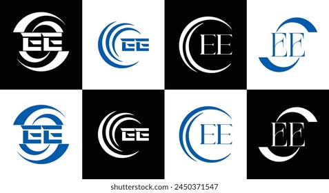 EE logo. E E design. White EE letter. EE, E E letter logo design. Initial letter EE linked circle uppercase monogram logo.