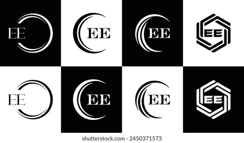 EE logo. E E design. White EE letter. EE, E E letter logo design. Initial letter EE linked circle uppercase monogram logo.