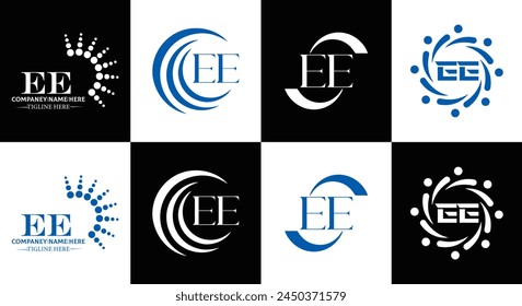 EE logo. E E design. White EE letter. EE, E E letter logo design. Initial letter EE linked circle uppercase monogram logo.