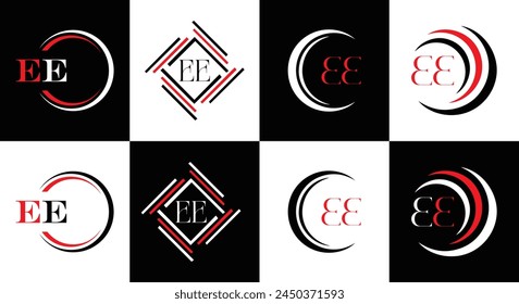 EE logo. E E design. White EE letter. EE, E E letter logo design. Initial letter EE linked circle uppercase monogram logo.