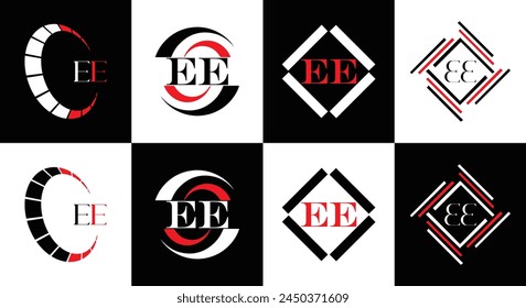 EE logo. E E design. White EE letter. EE, E E letter logo design. Initial letter EE linked circle uppercase monogram logo.