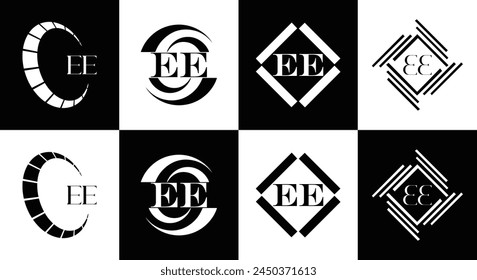 EE logo. E E design. White EE letter. EE, E E letter logo design. Initial letter EE linked circle uppercase monogram logo.