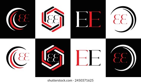 EE logo. E E design. White EE letter. EE, E E letter logo design. Initial letter EE linked circle uppercase monogram logo.