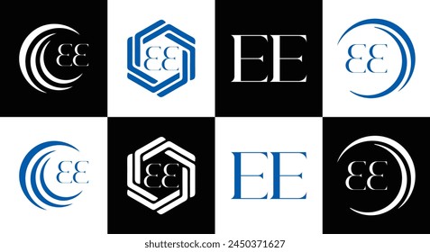 EE logo. E E design. White EE letter. EE, E E letter logo design. Initial letter EE linked circle uppercase monogram logo.