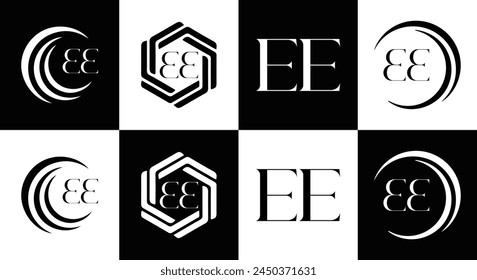 EE logo. E E design. White EE letter. EE, E E letter logo design. Initial letter EE linked circle uppercase monogram logo.