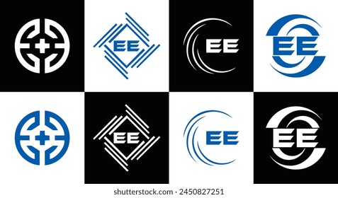 EE logo. E E design. White EE letter. EE, E E letter logo design. Initial letter EE linked circle uppercase monogram logo.