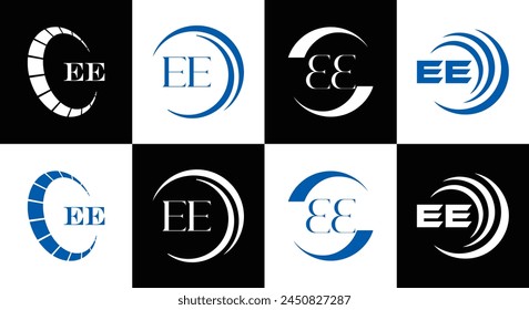 EE logo. E E design. White EE letter. EE, E E letter logo design. Initial letter EE linked circle uppercase monogram logo.