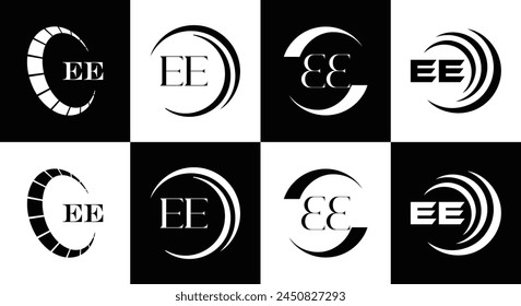 EE logo. E E design. White EE letter. EE, E E letter logo design. Initial letter EE linked circle uppercase monogram logo.