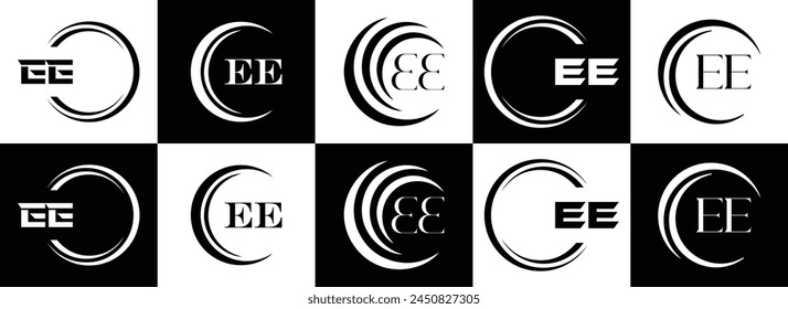 EE logo. E E design. White EE letter. EE, E E letter logo design. Initial letter EE linked circle uppercase monogram logo.