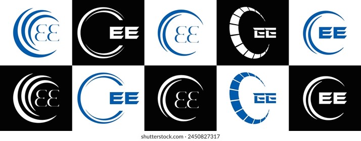 EE logo. E E design. White EE letter. EE, E E letter logo design. Initial letter EE linked circle uppercase monogram logo.