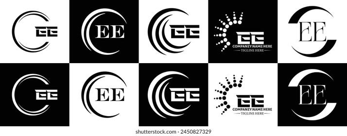 EE logo. E E design. White EE letter. EE, E E letter logo design. Initial letter EE linked circle uppercase monogram logo.