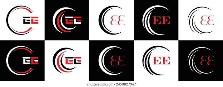 EE logo. E E design. White EE letter. EE, E E letter logo design. Initial letter EE linked circle uppercase monogram logo.