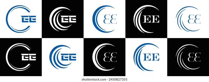 EE logo. E E design. White EE letter. EE, E E letter logo design. Initial letter EE linked circle uppercase monogram logo.