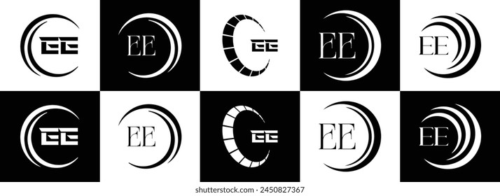 EE logo. E E design. White EE letter. EE, E E letter logo design. Initial letter EE linked circle uppercase monogram logo.