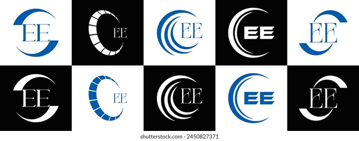 EE logo. E E design. White EE letter. EE, E E letter logo design. Initial letter EE linked circle uppercase monogram logo.