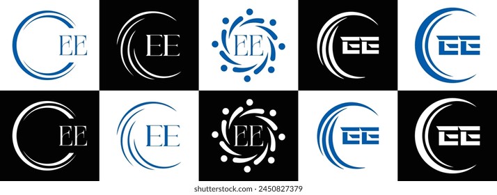 EE logo. E E design. White EE letter. EE, E E letter logo design. Initial letter EE linked circle uppercase monogram logo.