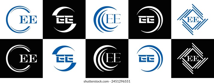 EE logo. E E design. White EE letter. EE, E E letter logo design. Initial letter EE linked circle uppercase monogram logo.