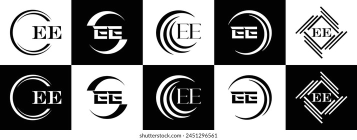 EE logo. E E design. White EE letter. EE, E E letter logo design. Initial letter EE linked circle uppercase monogram logo.